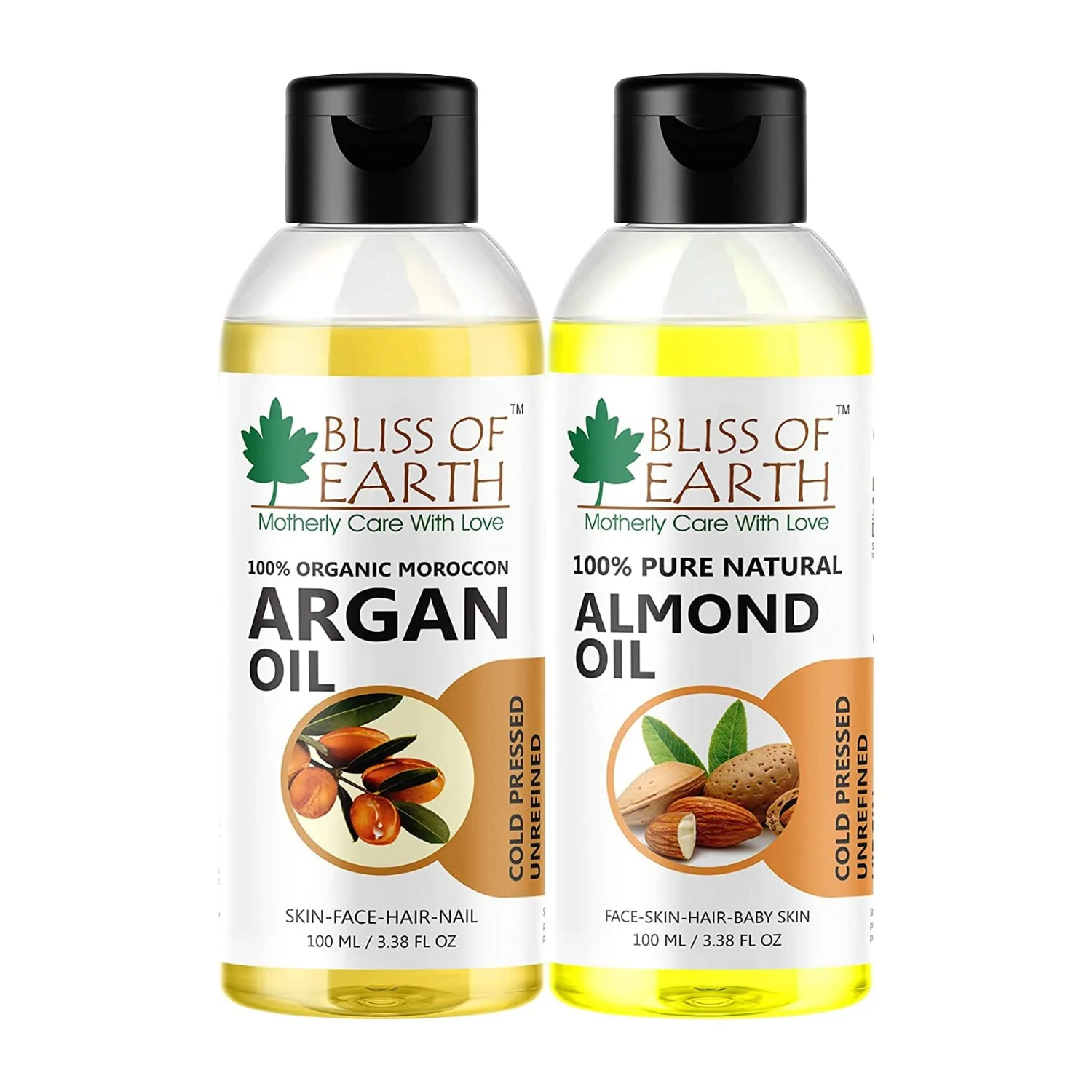 Organic Argan Oil Of Morocco+Natural Sweet Almond Oil (Coldpressed & Unrefined) Extracted From Whole Almond Kernels (2X100ML)