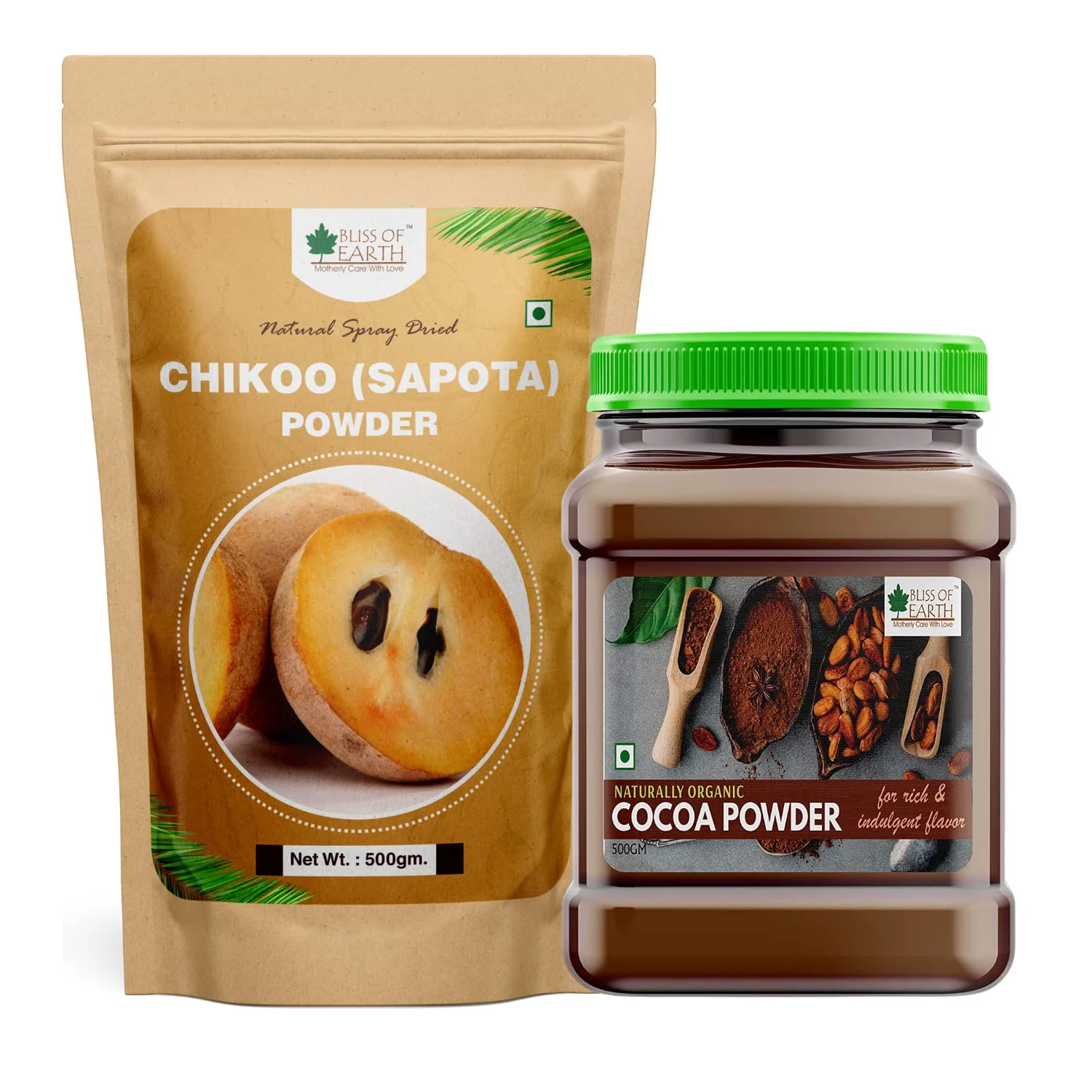 Chikoo (Sapota) Powder + Naturally Organic Dark Cocoa Powder 500gm (Pack of 2)