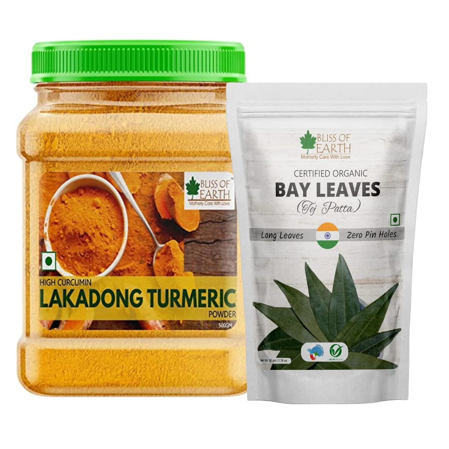 Lakadong Turmeric Powder 500gm + Bay Leaves (Tej Patta) (Pack of 2)