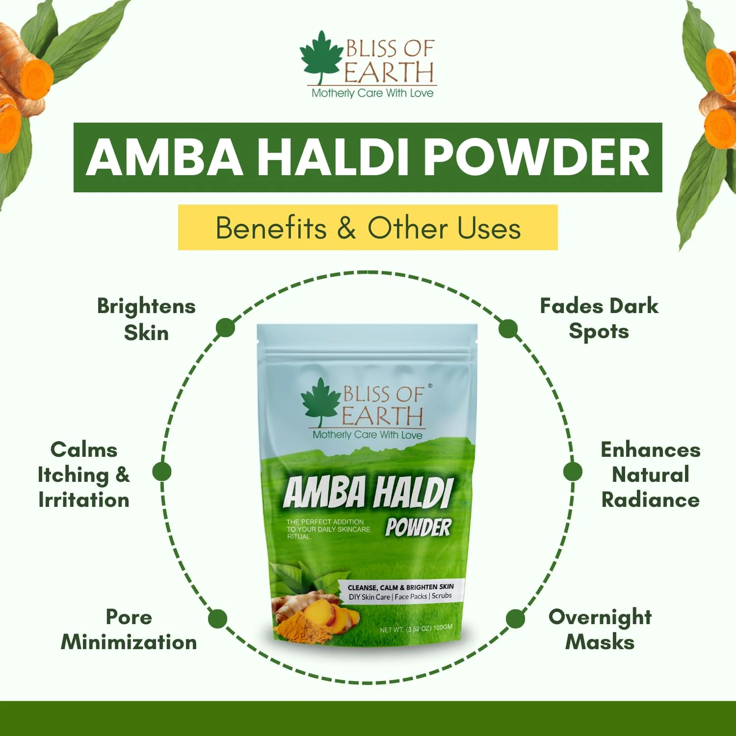Bliss of Earth Amba Haldi 100gm Powder Organic for Skincare, Face Pack, Scrub & DIY Beauty Brightens Skin, Reduces Dark Spots, Soothes Acne Pure Herbal Turmeric - Image 4