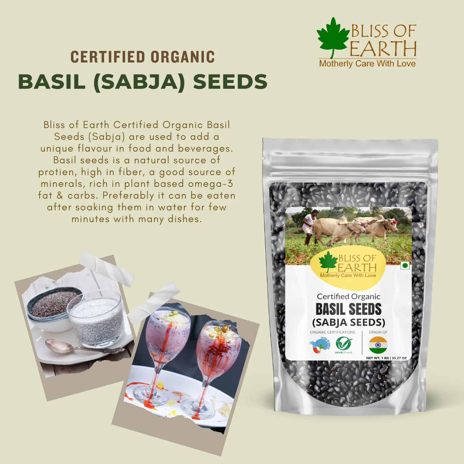 Bliss of Earth Basil Seeds Organic Sabja Seeds, Tukmaria Seeds Fibre & Omega-3 Rich Good for weight loss, Hydration Tiny PowerHouse Seeds 1KG - Image 4