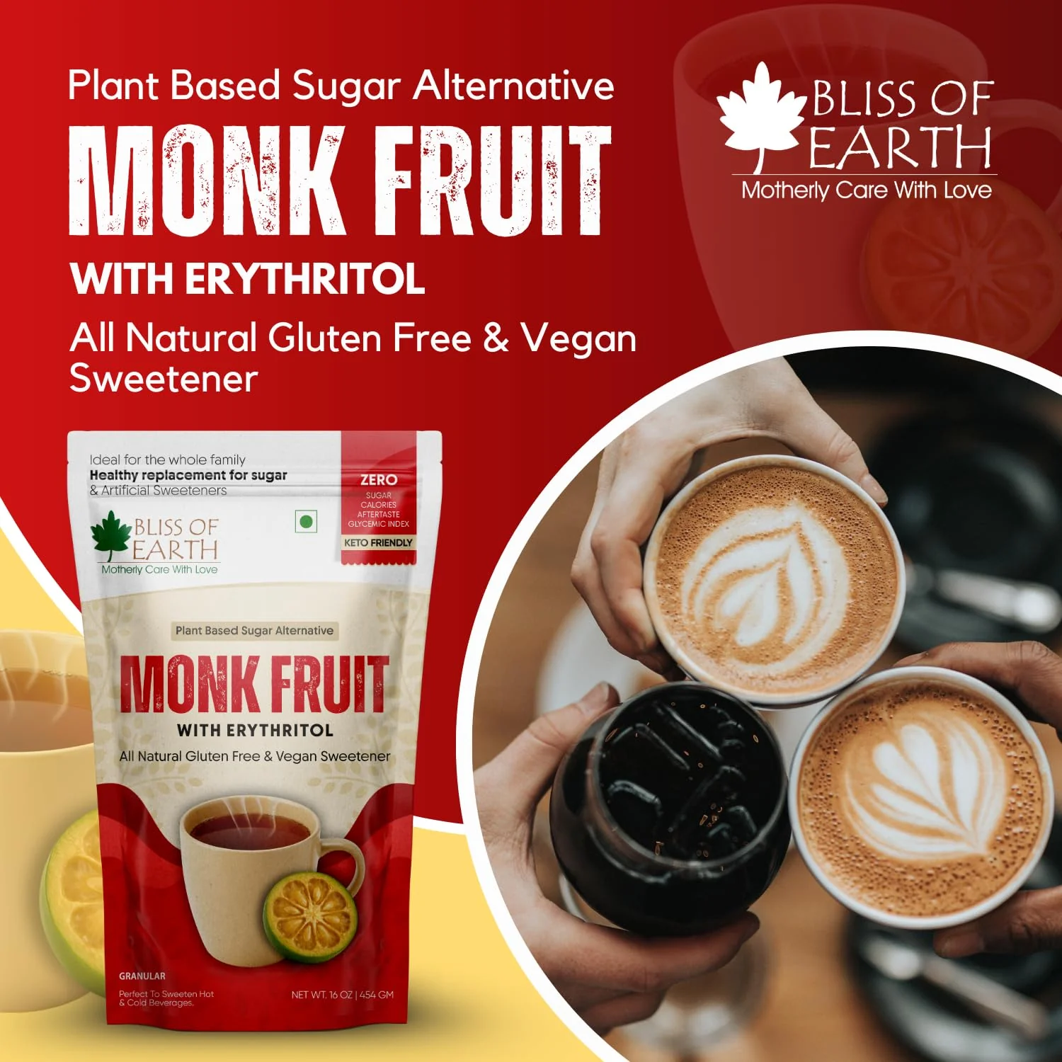 Bliss of Earth Monk Fruit Sweetener with Erythritol 1 lb (454g), 1:1 Zero Calorie Sugar Alternative, Keto Friendly, No Aftertaste, Zero Glycaemic Natural Sweetener, - Image 3