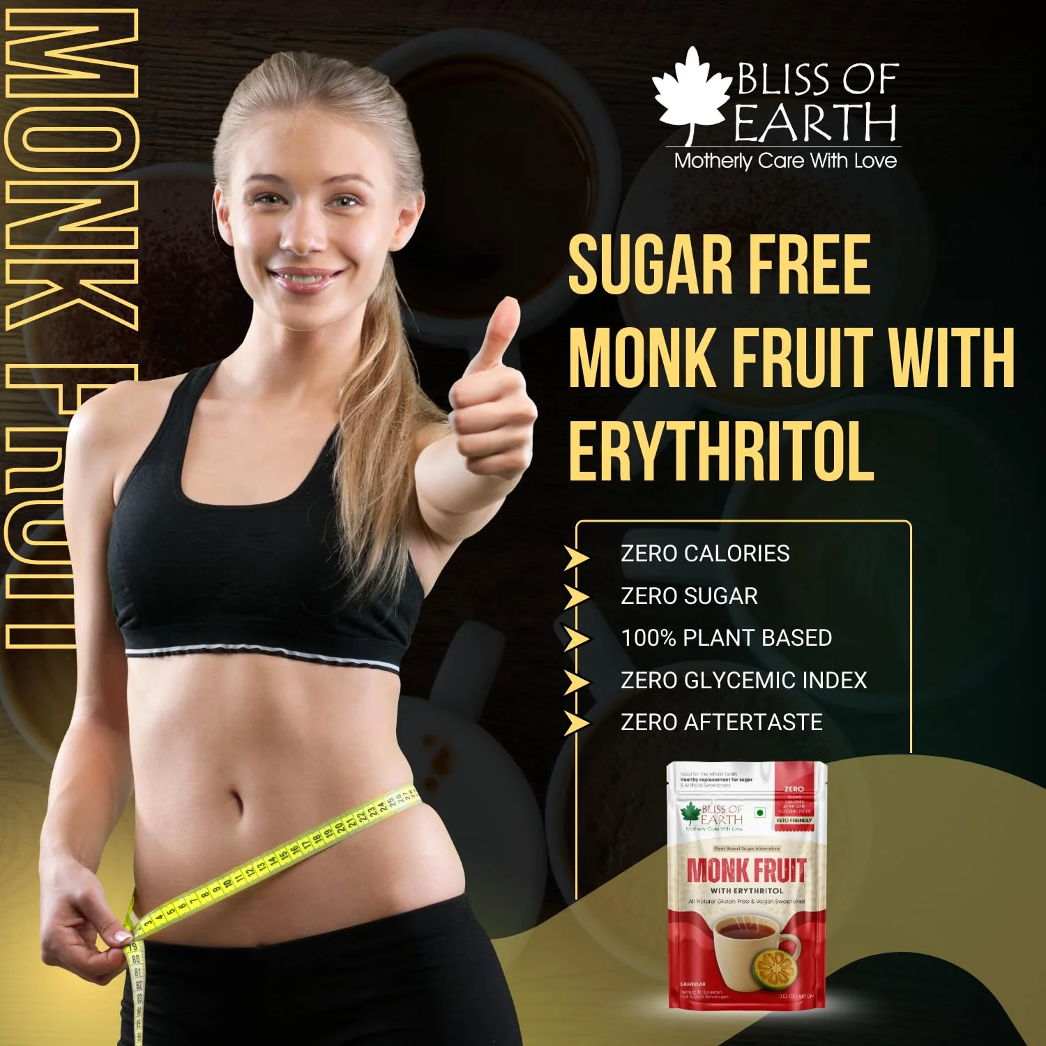 Bliss of Earth Monk Fruit Sweetener with Erythritol 100gm (Golden), 1:1 Zero Calorie Sugar Alternative, Keto Friendly, No Aftertaste, Zero Glycaemic Natural Sweetener, - Image 2