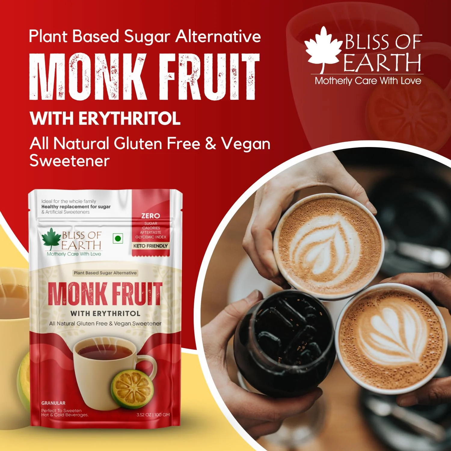 Bliss of Earth Monk Fruit Sweetener with Erythritol 100gm (Golden), 1:1 Zero Calorie Sugar Alternative, Keto Friendly, No Aftertaste, Zero Glycaemic Natural Sweetener, - Image 3