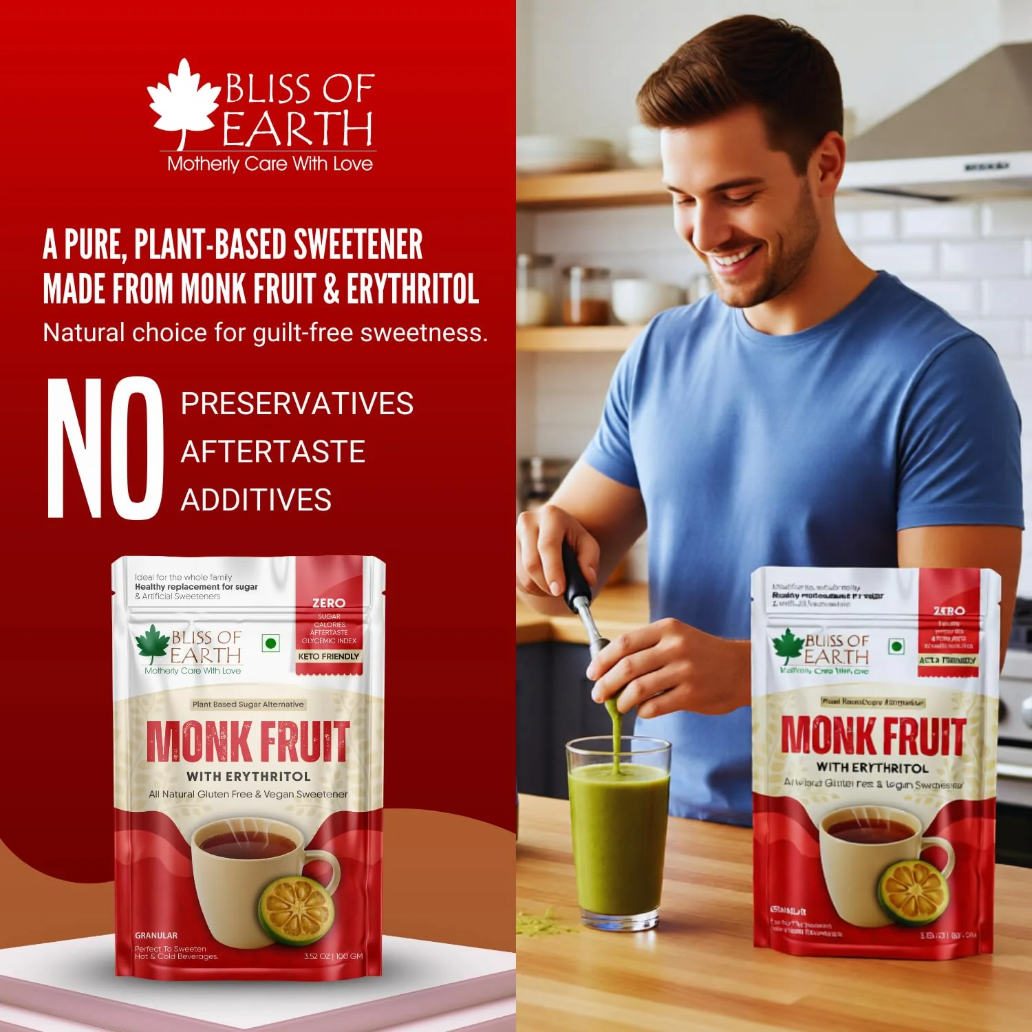 Bliss of Earth Monk Fruit Sweetener with Erythritol 100gm (Golden), 1:1 Zero Calorie Sugar Alternative, Keto Friendly, No Aftertaste, Zero Glycaemic Natural Sweetener, - Image 4