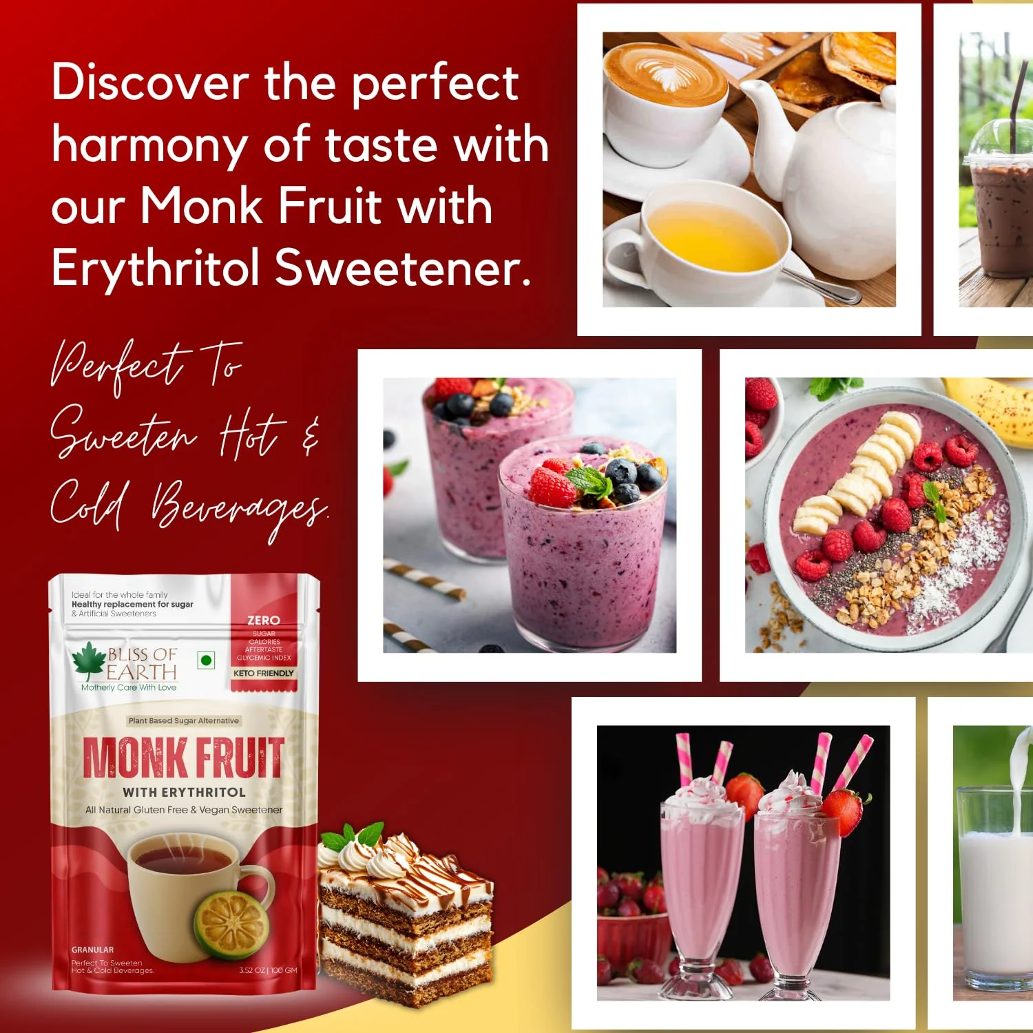 Bliss of Earth Monk Fruit Sweetener with Erythritol 100gm (Golden), 1:1 Zero Calorie Sugar Alternative, Keto Friendly, No Aftertaste, Zero Glycaemic Natural Sweetener, - Image 5