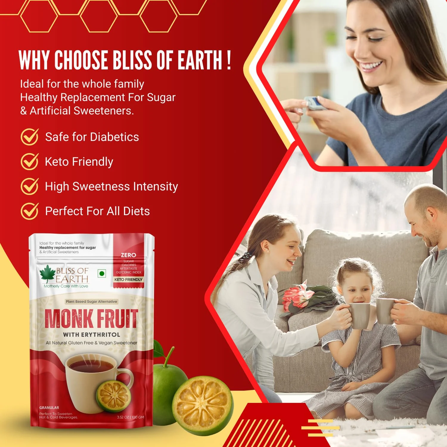 Bliss of Earth Monk Fruit Sweetener with Erythritol 100gm (Golden), 1:1 Zero Calorie Sugar Alternative, Keto Friendly, No Aftertaste, Zero Glycaemic Natural Sweetener, - Image 7