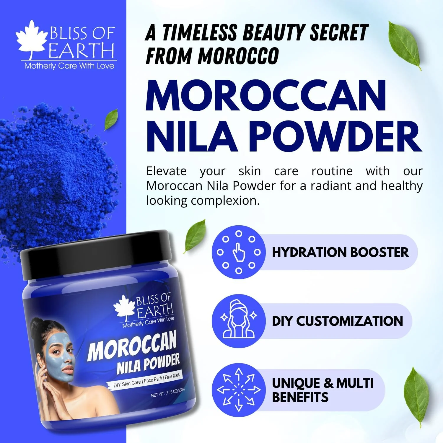Bliss of Earth Moroccan Blue Nila Powder 50gm for Face Skin Whitening, Anti-Tan & Pore Refining Deep Cleansing, Pore Tightening & Radiant Skin Glow - Image 6