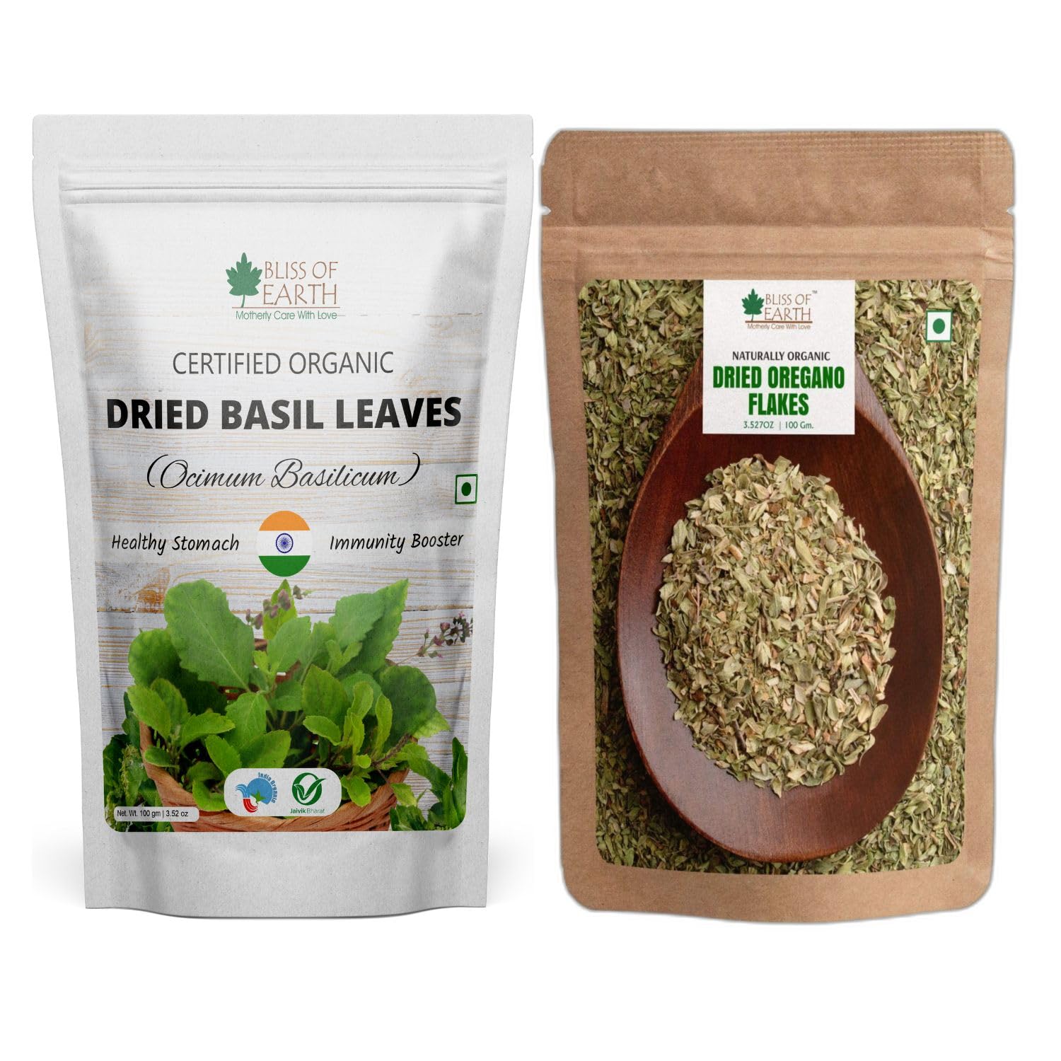 Dried Basil Leaves (Tulsi Leaf) + Dried Oregano Flakes (Combo Pack Each 100g)