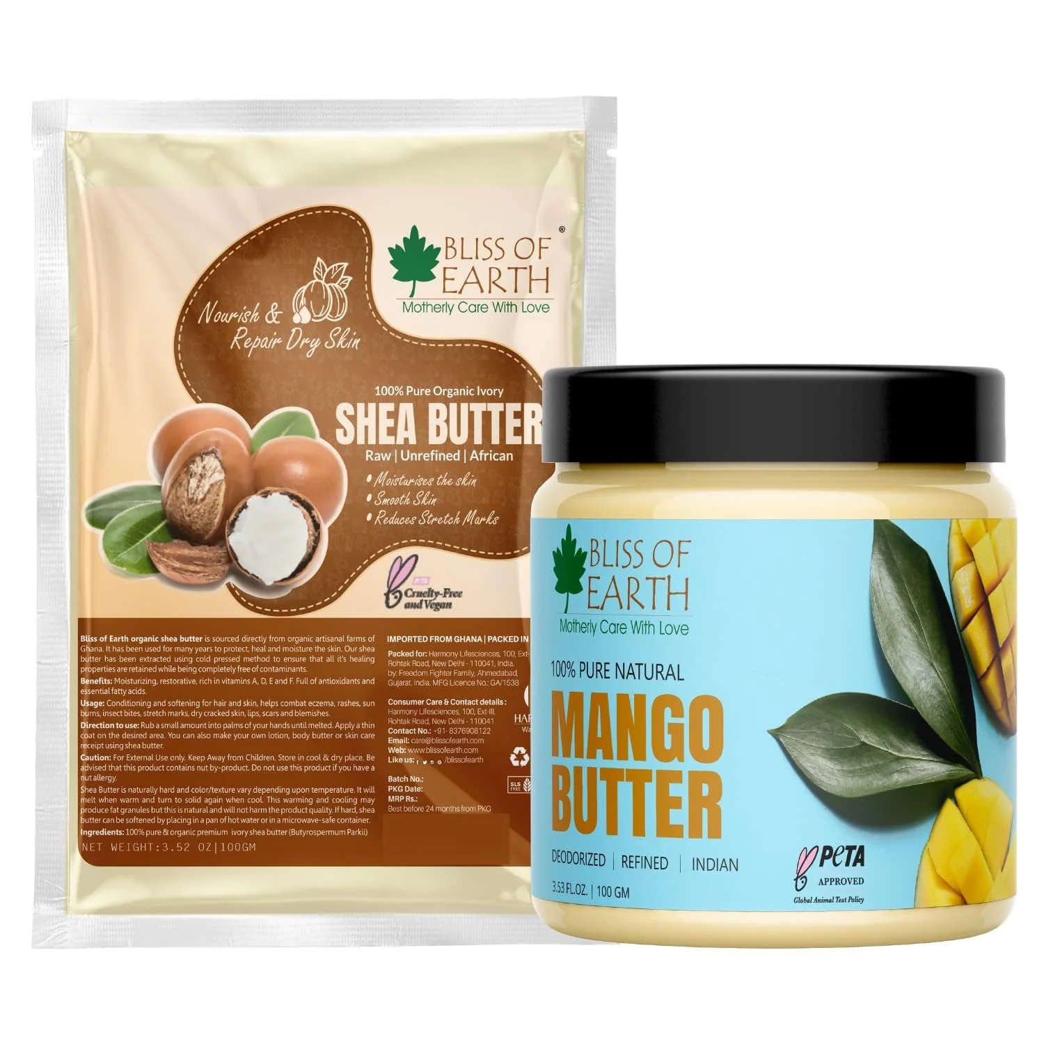Bliss of Earth Shea Butter + Mango Butter Great For Skin & and Hair care | Stretch Mark | Skin Smoothing | Moisturizer | DIY Products 100gm Each(Pack of 2)