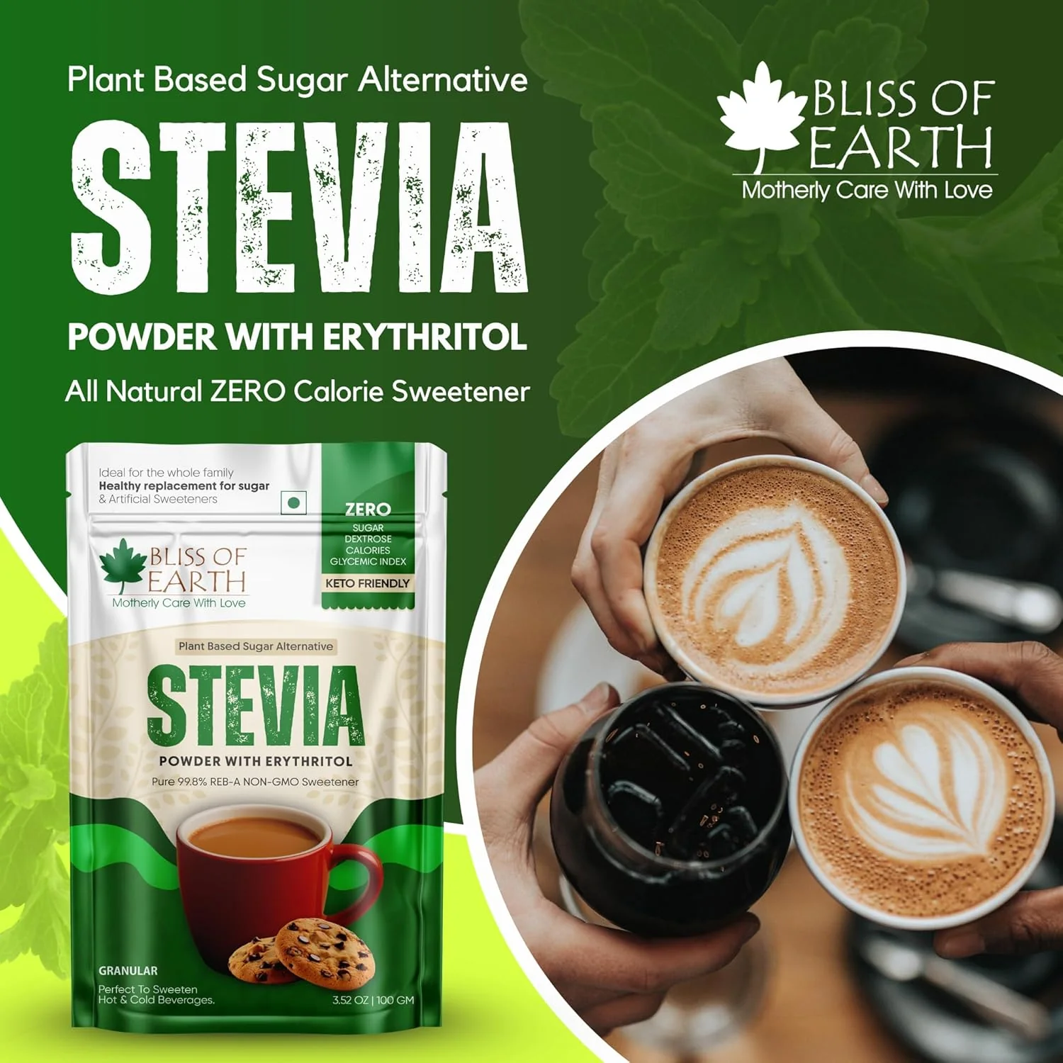 Bliss of Earth Stevia Powder – Sugar Free Stevia with Zero Calorie Sugar Substitute, 100g | Sweetener for Tea, Coffee, Baking, Keto & Diabetic-Friendly - Image 2