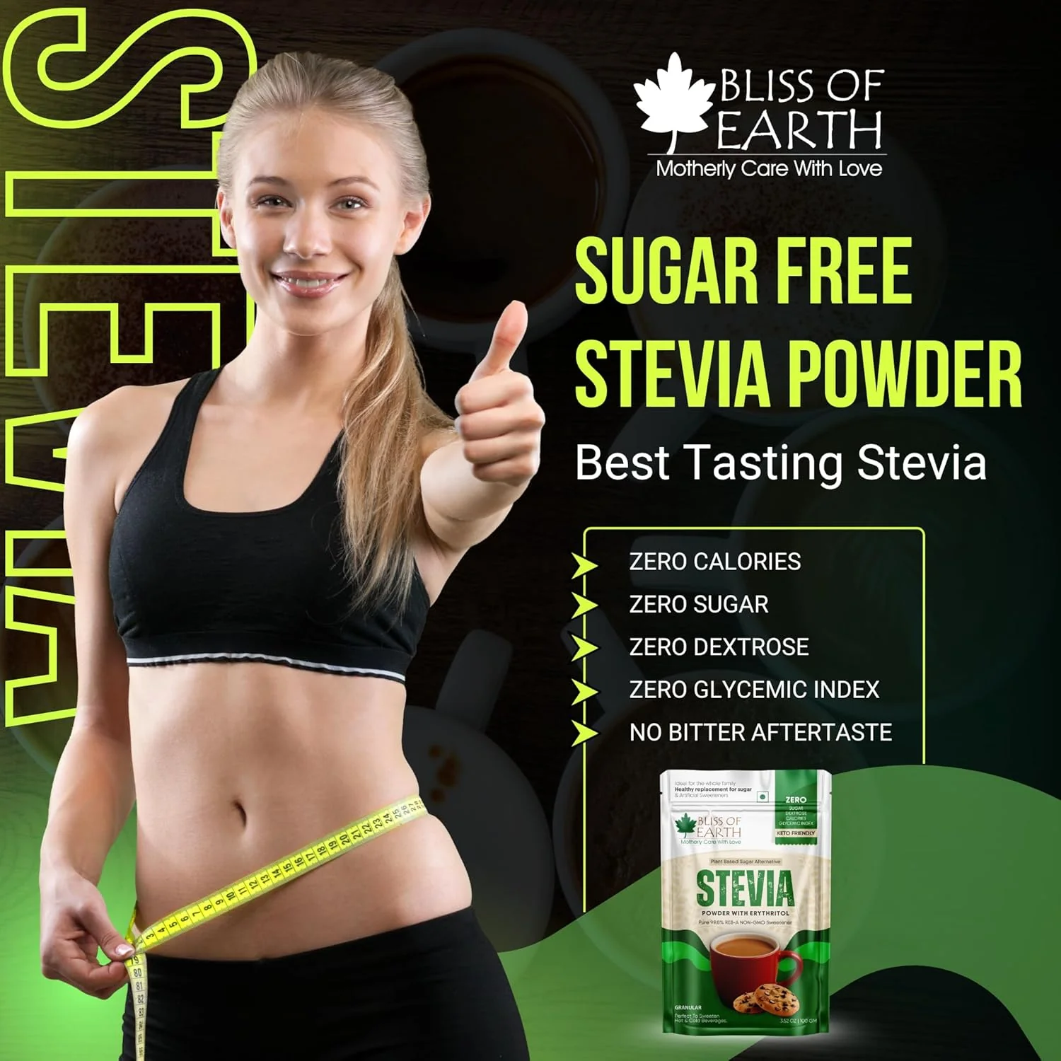 Bliss of Earth Stevia Powder – Sugar Free Stevia with Zero Calorie Sugar Substitute, 100g | Sweetener for Tea, Coffee, Baking, Keto & Diabetic-Friendly - Image 3