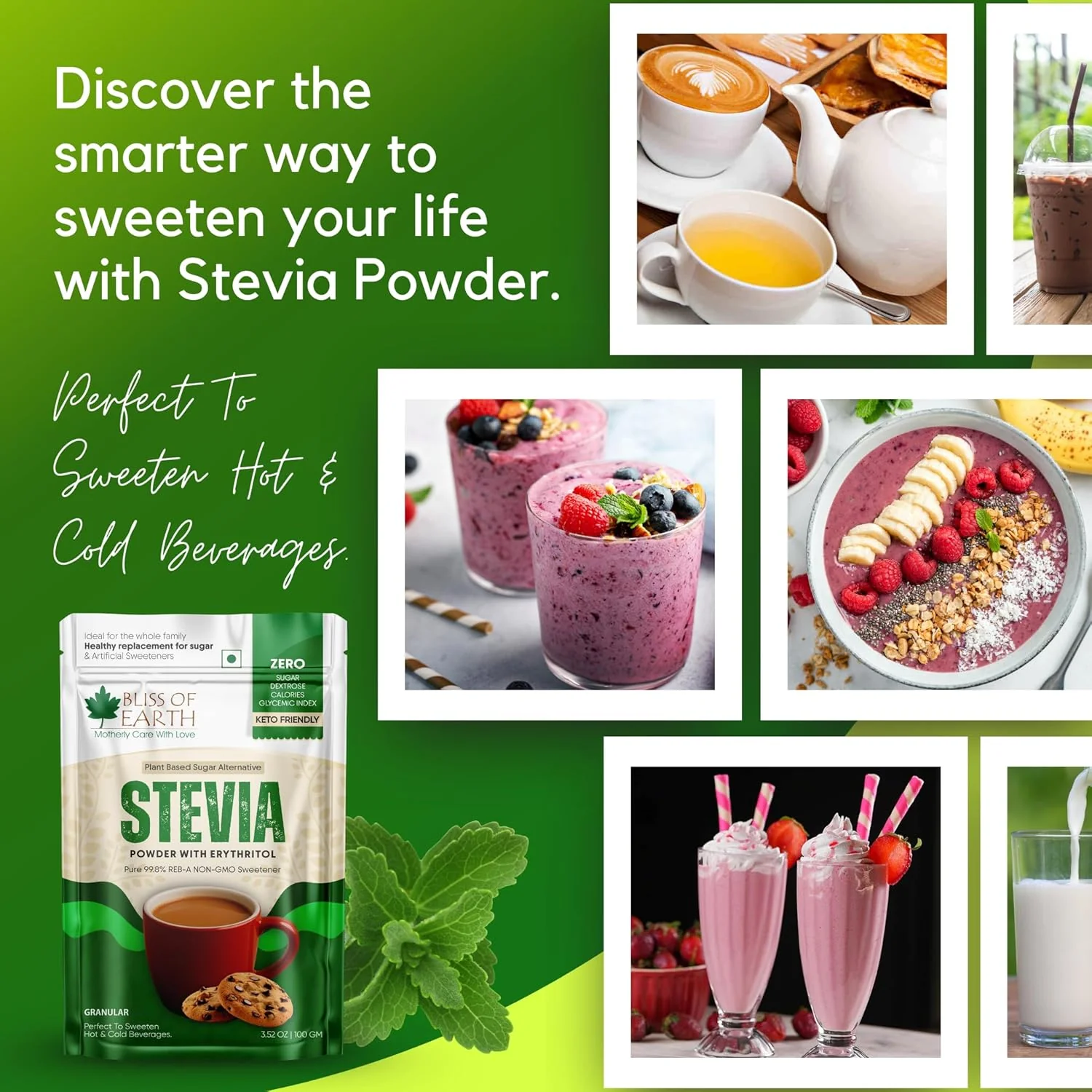 Bliss of Earth Stevia Powder – Sugar Free Stevia with Zero Calorie Sugar Substitute, 100g | Sweetener for Tea, Coffee, Baking, Keto & Diabetic-Friendly - Image 4