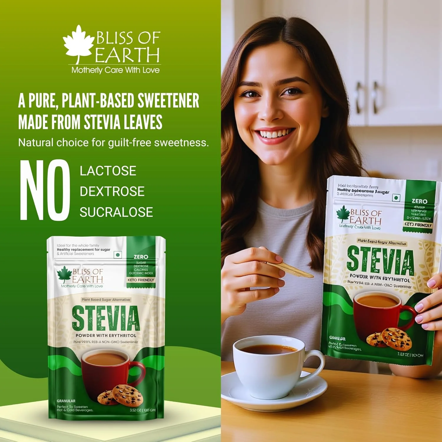 Bliss of Earth Stevia Powder – Sugar Free Stevia with Zero Calorie Sugar Substitute, 100g | Sweetener for Tea, Coffee, Baking, Keto & Diabetic-Friendly - Image 5