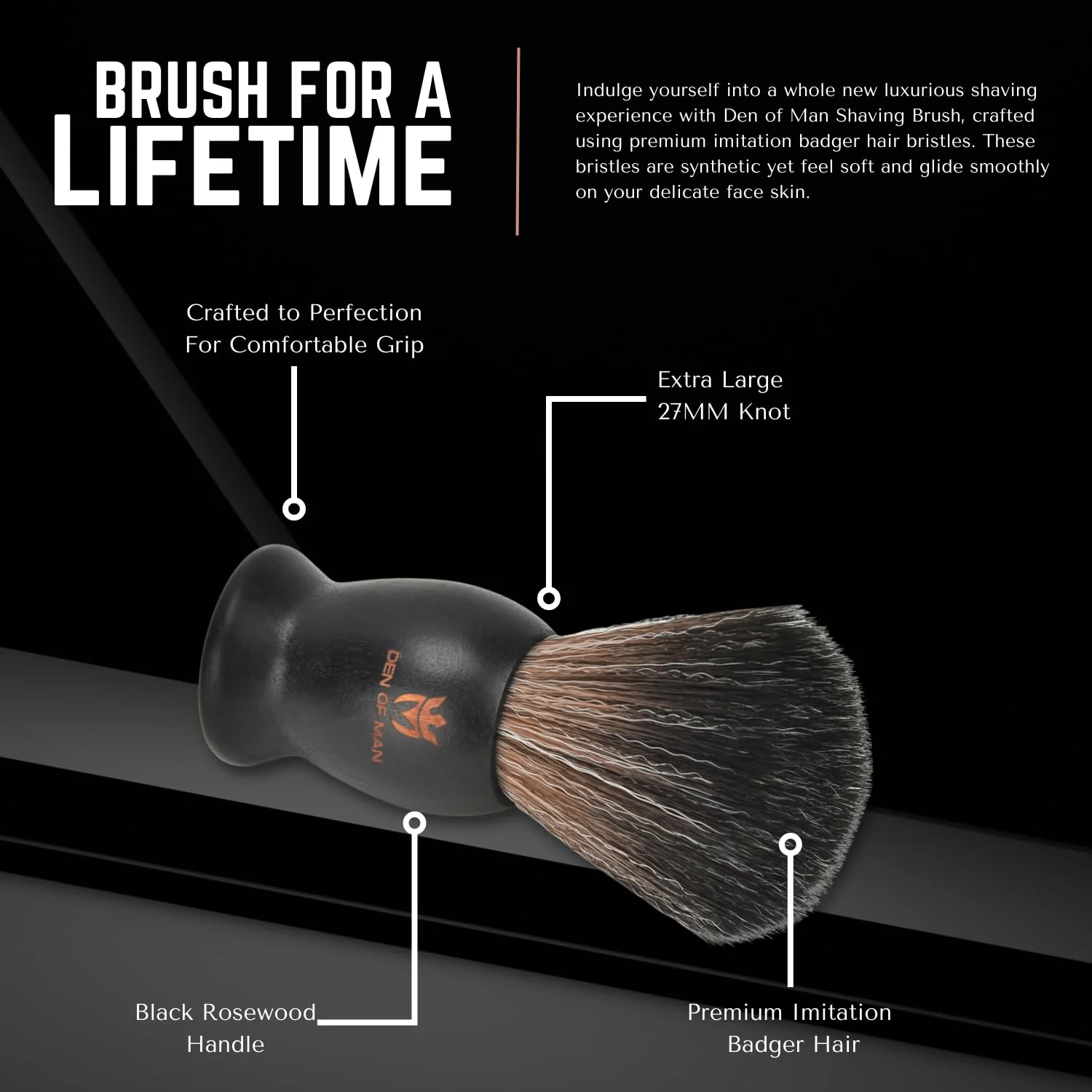 Den of Man Jumbo 27mm Knot Premium Cruelty Free Imitation Badger Hair Shaving Brush, Soft & Ultra Absorbent Bristles For Smooth Shave, Real Rosewood Handle - Image 2