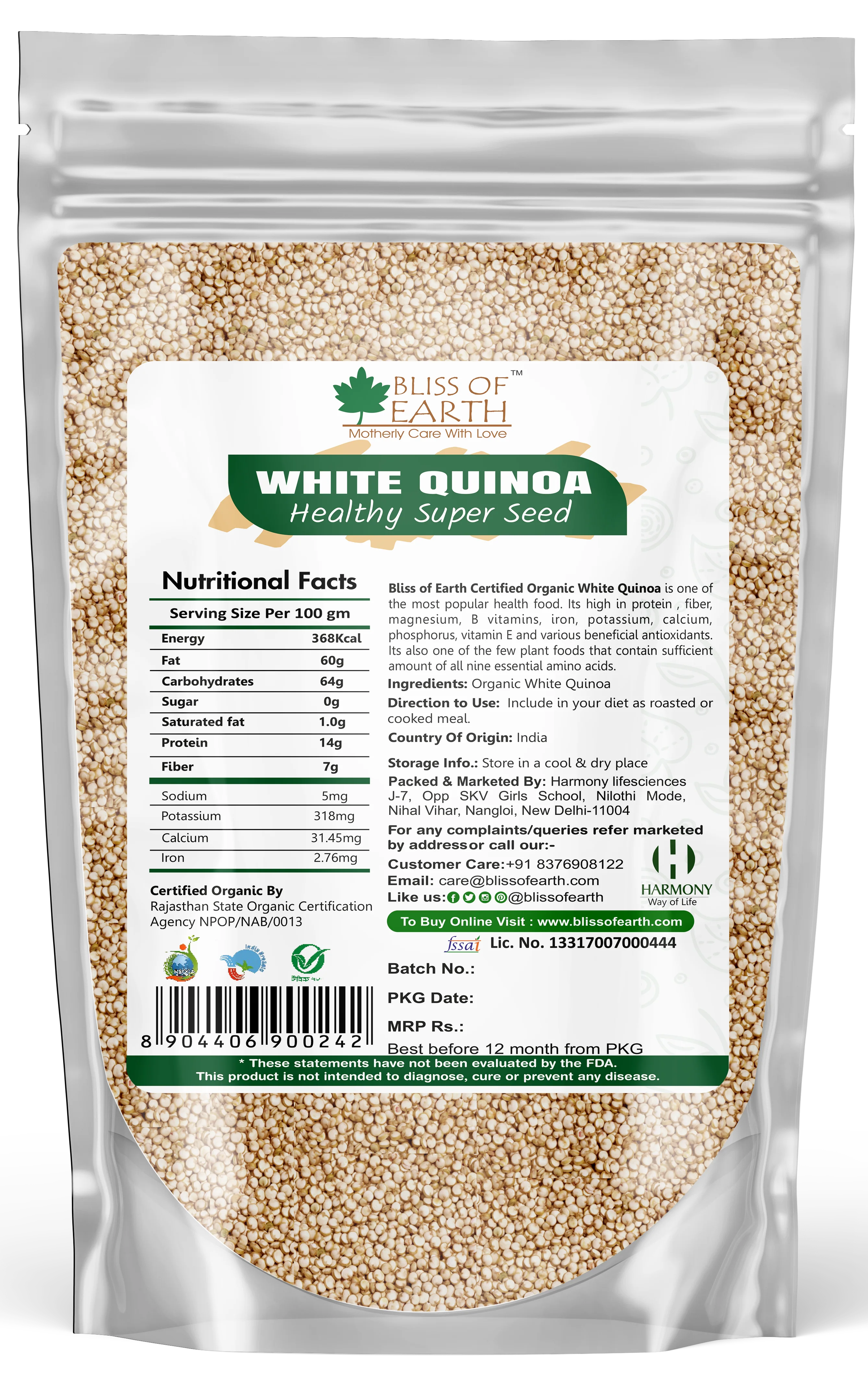 USDA Certified Organic Raw White Quinoa Seeds 200 gm - Image 2